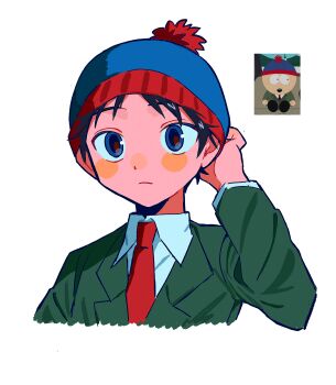 Rule 34 | 1boy, absurdres, beanie, black hair, blue eyes, closed mouth, collared shirt, green jacket, hand up, hat, highres, jacket, male focus, necktie, neko manma, pom pom (clothes), pom pom beanie, red necktie, screenshot inset, shirt, short hair, simple background, solo, south park, stan marsh, suit jacket, white background, white shirt