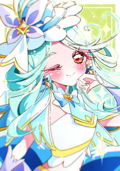 Rule 34 | 1girl, ;), absurdres, aqua hair, aqua hat, blue bow, blue bowtie, blue gloves, blurry, boater hat, bow, bowtie, brooch, butterfly hat ornament, commentary, cure eclair, dress, earrings, eyelashes, eyeliner, gloves, green background, half-closed eye, half gloves, hand on own chin, hat, hat ornament, heart, heart brooch, highres, jewelry, long hair, looking at viewer, magical girl, makeup, meitantei precure!, one eye closed, pixiv username, potacure, precure, red eyes, signature, sleeveless, sleeveless dress, smile, solo, sparkle, tilted headwear, twitter username, upper body, white dress