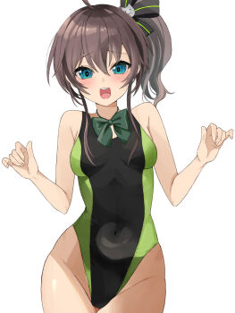1girl ahoge bare_shoulders blue_eyes blush bow bowtie breasts brown_hair commentary_request covered_navel cowboy_shot dodo_ddd_08 eyelashes green_bow green_bowtie hair_between_eyes hair_ribbon hands_up highres hololive leotard long_hair looking_at_viewer natsuiro_matsuri open_mouth ribbon side_ponytail simple_background skirt small_breasts smile solo swimsuit thighs virtual_youtuber white_background