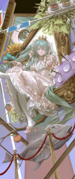 Rule 34 | 1000-nen ikiteru (vocaloid), 1girl, above-cleavage cutout, absurdly long hair, absurdres, alternate costume, apple, aqua eyes, aqua hair, aristocratic clothes, blue butterfly, bow, branch, breasts, bug, butterfly, butterfly on hand, clothing cutout, commentary request, crown, double-parted bangs, dress, fish skeleton, floating hair, flower, food, foot out of frame, footwear bow, fruit, grin, hair between eyes, hair flower, hair ornament, hair ribbon, hatsune miku, highres, insect, kicking, lace, lace-trimmed ribbon, lace trim, leg up, long dress, long hair, looking at viewer, low block heels, making-of available, mikudayo, mini crown, nail (hardware), painterly, pale skin, pantyhose, petticoat, picture frame, pink bow, pink dress, pink flower, pink ribbon, pink rose, pink shoes, plant, pom pom (clothes), princess, puffy short sleeves, puffy sleeves, ribbon, rose, shoe dangle, shoes, short sleeves, sidelocks, small breasts, smile, solo, stanchion, sunflower, surreal, tentacles, through medium, through painting, traffic light, tree, twintails, very long hair, vocaloid, white flower, white pantyhose, white rose, white trim, yancaowei naiyoutang, yellow flower