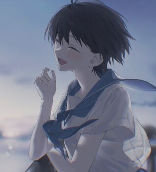 1girl :d antenna_hair black_hair blue_neckerchief blue_sailor_collar blue_skirt blurry blurry_background blush breasts closed_eyes collared_shirt commentary curled_fingers dress_shirt dusk elbow_rest floating_neckwear from_side grey_sky hair_between_eyes hand_up head_tilt highres idolmaster idolmaster_(classic) kikuchi_makoto light_blush neckerchief open_mouth orange_sky outdoors railing sailor_collar school_uniform serafuku shirt short_hair short_sleeves skirt sky small_breasts smile solo tomboy upper_body very_short_hair vickyycy99 white_shirt wind wind_lift