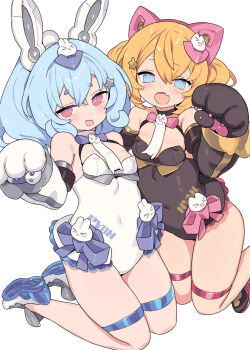 2girls animal_ears animal_hands bare_shoulders black_choker black_leotard blade_(galaxist) blonde_hair blue_eyes blue_hair breasts cat_ears choker clothes_writing commentary_request covered_navel elbow_gloves fake_animal_ears fang frilled_leotard frills full_body gloves hair_between_eyes hair_ornament headgear highres kneeling leotard medium_hair megami_device multiple_girls paw_gloves puni_mofu_mao puni_mofu_tu rabbit_ears red_eyes shoes simple_background skin_fang small_breasts smile star_(symbol) star_hair_ornament thigh_strap twintails white_background white_choker white_gloves white_leotard white_shoes
