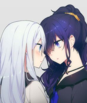 Rule 34 | 2girls, asahina mafuyu, black hoodie, black neckerchief, blue eyes, blue neckerchief, blush, buchu14569590, commentary, cropped torso, expressionless, eye contact, facing another, grey background, grey hoodie, hair ornament, hair scrunchie, high ponytail, hood, hoodie, jewelry, long hair, looking at another, multicolored eyes, multiple girls, neckerchief, necklace, open mouth, orange scrunchie, ponytail, profile, project sekai, purple eyes, purple hair, scrunchie, two-tone eyes, two-tone hoodie, two-tone neckerchief, untranslatable commentary, upper body, very long hair, white hair, yoisaki kanade, yuri