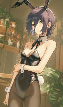 1girl absurdres alternate_costume animal_ear_hairband animal_ears black_hair black_leotard black_pantyhose black_ribbon bottle breasts chainsaw_man closed_mouth detached_collar fake_animal_ears fake_tail green_eyes hair_bun hairband highleg highleg_leotard highres indoors leotard neck_ribbon pantyhose plant playboy_bunny potted_plant rabbit_ear_hairband rabbit_ears rabbit_tail reze_(chainsaw_man) ribbon small_breasts solo strapless strapless_leotard suumon tail