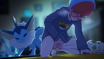 1girl :3 absurdres animal_penis barefoot black_hoodie blue_hair blurry blurry_background blush bottomless clenched_teeth commentary egg egg_laying english_commentary fat_mons female_pubic_hair full_body gen_1_pokemon glasses greatm8 half-closed_eyes heavy_breathing highres hood hoodie indoors long_sleeves multicolored_hair nintendo penis penny_(pokemon) photoshop_(medium) pokemon pokemon_(creature) pokephilia pubic_hair pussy pussy_juice red_hair round_eyewear short_hair smug squatting sweat teeth thighs two-tone_hair vaporeon