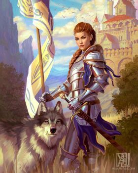 1girl armor artist_name blue_sky braid braided_ponytail brown_hair bush castle cloud day european_architecture flag highres holding holding_flag knight long_hair original outdoors sky watermark web_address wolf yasustudio