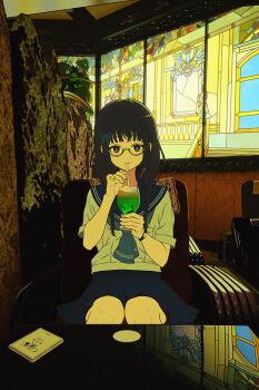 1girl amemori_sayo black_eyes black_hair blue_neckerchief blue_ribbon blue_sailor_collar blue_skirt book braid breast_pocket cafe chair choppy_bangs closed_mouth drinking drinking_straw feet_out_of_frame food glasses hair_ribbon highres holding holding_drinking_straw ice_cream ice_cream_float indoors knees_together_feet_apart long_hair looking_at_viewer low_twin_braids miniskirt neckerchief nijisanji nkymyura pleated_skirt pocket reflective_table ribbon sailor_collar semi-rimless_eyewear shirt short_sleeves sidelocks sitting skirt smile solo table twin_braids virtual_youtuber watch white_shirt window wristwatch