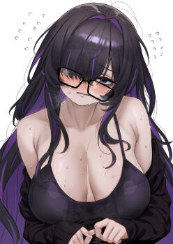 1girl absurdres bare_shoulders black_camisole black_cardigan black_hair blush breasts camisole cardigan commentary_request eyelashes flying_sweatdrops glasses goddess_of_victory:_nikke hair_between_eyes hair_over_one_eye highres label_(nikke) large_breasts long_hair long_sleeves looking_at_viewer messy_hair mole mole_on_breast multicolored_hair off_shoulder parted_lips purple_eyes purple_hair revision simple_background sleeves_past_wrists solo streaked_hair sweat upper_body very_long_hair white_background whoosaku