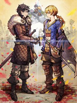 2boys autumn_leaves black_hair blonde_hair boots brown_boots brown_eyes cape chibi commentary company_connection crossover english_commentary eye_contact final_fantasy final_fantasy_tactics fingerless_gloves gloves handshake highres holding_hands leaf lens_flare looking_at_another multiple_boys official_art pelt ponytail ramza_beoulve serenoa_wolffort smile square_enix sword textless_version triangle_strategy weapon yasushi_hasegawa