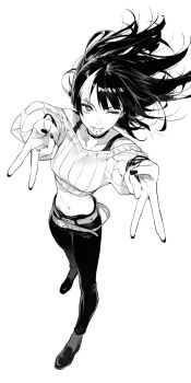 1boy androgynous crossdressing crossdressing_(mtf) drowsy_sheep face_piercing floating_hair highres hoshi_kirara jujutsu_kaisen lips monochrome mouth_piercing navel one_eye_closed smile solo star-shaped_pupils star_(symbol) symbol-shaped_pupils trap v white_background wide_hips wink