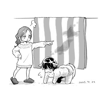 1boy 1girl absurdres amputee animal_ears chibi hand_on_own_hip highres hirakawa_airi imai_hirokazu kedamonotachi_no_jikan:kyouizonshou_kougun long_hair monochrome ogawa_kuniko oversized_clothes oversized_shirt pointing ponytail quadruple_amputee scar scolding shirt short_hair slippers stained_sheets tail white_background