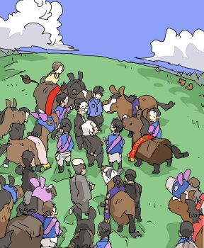 Rule 34 | 6+boys, annotation request, black hat, black jacket, black pants, character request, check character, eitanokeiba, formal clothes, from above, glasses, hat, highres, horse, jacket, matsumoto yoshio, meisho beluga (racehorse), meisho doto (racehorse), meisho mambo (racehorse), meisho samson (racehorse), meisho tabaru (racehorse), multiple boys, pants, partially annotated, racing colors, real life, suit, translated, white hair