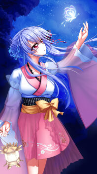 1girl absurdres arm_at_side arm_up black_bow black_sash blue_butterfly blue_hair bow braid bug butterfly cherry_blossom_print chinese_commentary commentary_request cowboy_shot crown_braid eyes_visible_through_hair floating_hair floral_print floral_print_skirt frilled_kimono frills glowing_butterfly hair_between_eyes hair_bow hair_bun highres holding holding_lantern insect japanese_clothes kimono lantern light_blush long_hair long_sleeves looking_at_animal night night_sky nontraditional_miko outdoors parted_lips pink_skirt print_skirt red_eyes ringed_eyes sash sidelocks single_hair_bun skirt sky solo sorakado_ao standing star_(sky) starry_sky summer_pockets ultra258 white_kimono wide_sleeves yellow_bow
