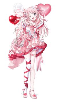 absurdres alternate_costume alternate_hairstyle bang_dream! bang_dream!_it's_mygo!!!!! blue_eyes chihaya_anon dress fang full_body globe heart heart_hands high_heels highres long_hair nail_polish nonanonnon6u6 one_eye_closed open_mouth pink_dress pink_eyes pink_shoes shoes simple_background standing thighhighs white_background white_thighhighs