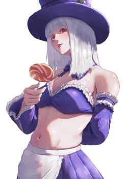 absurdres bare_shoulders candy commentary commentary_request food hat highres holding holding_candy holding_food ingrid_(capcom) lollipop looking_at_viewer navel official_alternate_costume official_alternate_hairstyle red_eyes rurara987 stomach street_fighter street_fighter_6 white_hair