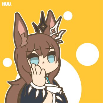 amiya_(arknights) amiya_(medic)_(arknights) animal_ears animated animated_gif arknights arknights:_endfield blue_eyes brown_hair cellphone commentary doctor_(arknights) english_commentary english_text holding holding_phone kuhl-notes long_hair nervous_sweating open_mouth phone rabbit_ears rabbit_girl smartphone speech_bubble sweat