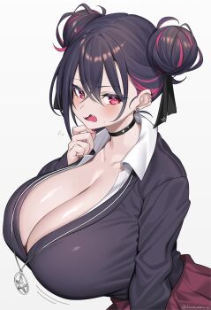 1girl absurdres black_hair breasts cleavage collarbone colored_inner_hair hair_between_eyes highres huge_breasts hz_(666v) jewelry kobeni-chan_(hz_(666v)) large_breasts looking_at_viewer mole mole_on_collarbone multicolored_hair necklace original pentagram red_eyes red_hair school_uniform shirt short_hair simple_background smile solo spiked_ear_piercing tongue tongue_out two-tone_hair white_background wolf_cut