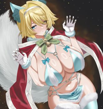 1girl animal_ears bikini blonde_hair blue_bikini blue_eyes blue_thighhighs blush breasts cleavage cloak commentary english_commentary fur_collar girls'_frontline girls'_frontline_2:_exilium gudakoguda hairband large_breasts looking_at_viewer navel nikketa_(girls'_frontline_2) red_cloak short_hair solo swimsuit tail thighhighs thighs vsk-94_(christmas_eve_detective)_(girls'_frontline) vsk-94_(girls'_frontline) wolf_ears wolf_tail