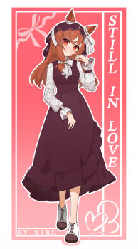 1girl absurdres animal_ears artist_name blush breasts brown_hair casual character_name commentary_request hair_between_eyes hair_ornament heart highres horse_ears horse_girl kiru_(user_spfe2432) long_hair looking_at_viewer red_eyes shoes small_breasts smile solo standing still_in_love_(umamusume) umamusume veil