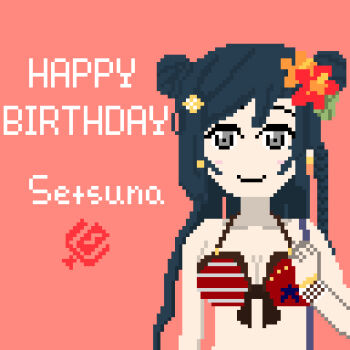 1girl 8-bit alternate_hairstyle artist_name artist_request bare_shoulders bikini bikini_top_only bikini_under_clothes black_hair blue_hair blush bow bow_bikini bracelet braid braided_bun breasts cleavage clenched_hand close-up collarbone crystal_hair_ornament dark_blue_hair double_bun earrings female_focus flower front-tie_bikini_top front-tie_top grey_eyes hair_bun hair_flower hair_ornament hairclip halterneck highres jewelry long_hair looking_at_viewer love_live! love_live!_nijigasaki_high_school_idol_club love_live!_school_idol_festival navel orange_flower parted_lips pearl_bracelet pink_background red_bikini red_flower scrunchie side_braid sidelocks single_braid small_breasts smile solo star_(symbol) star_bracelet star_earrings star_print strap_slip string_bikini striped_bikini striped_clothes striped_scrunchie suspenders swimsuit upper_body white_scrunchie wrist_scrunchie yuki_setsuna