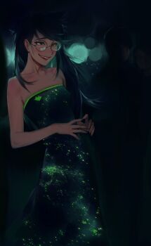 1girl absurdres bare_shoulders black_hair breasts buck_teeth commentary dress glasses green_dress green_eyes highres homestuck jade_harley lacryboy long_hair round_eyewear small_breasts smile solo strapless strapless_dress symbol-only_commentary teeth tube_dress upper_body