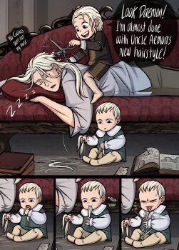 a_song_of_ice_and_fire ackerbangbang aemon_targaryen baby commentary cutting_hair daemon_targaryen disgust eating_hair english_commentary english_text highres house_of_the_dragon sleep_talking sleeping uncle_and_nephew viserys_targaryen white_hair