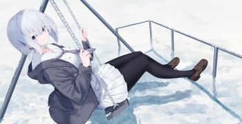 1girl absurdres black_pantyhose brown_shoes closed_mouth grey_hair grey_jacket hair_between_eyes hands_up highres jacket loafers long_sleeves looking_at_viewer looking_to_the_side neckerchief neku_(neku_draw) open_clothes open_jacket original pantyhose pleated_skirt purple_eyes purple_neckerchief sailor_collar school_uniform serafuku shirt shoes sitting skirt smile snow solo swing white_sailor_collar white_serafuku white_shirt white_skirt