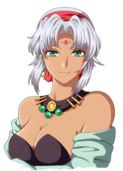 1girl bad_id bad_pixiv_id bindi breasts cleavage collar dark-skinned_female dark_skin eiyuu_densetsu falcom female_focus green_eyes hairband jewelry lips necklace scherazard_harvey short_hair silicate smile solo sora_no_kiseki strapless white_background white_hair