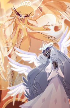 2girls absurdly_long_hair angel angel_wings beak bird_girl blonde_hair commentary doraiwa_san dress english_commentary furry furry_female glowing glowing_eyes halo hazbin_hotel hellaverse highres long_hair multiple_girls sera_(hazbin_hotel) speaker_of_god_(hazbin_hotel) very_long_hair white_dress white_hair wings