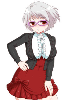 1girl :o absurdres black_jacket blush bob_cut breasts center_frills collar commentary english_commentary frilled_collar frilled_jacket frilled_shirt frills glasses hand_on_own_hip hand_on_own_thigh helltzujih highres jacket kisaragi_(senran_kagura) large_breasts long_sleeves looking_at_viewer nose_blush open_mouth parted_lips purple-framed_eyewear red_eyes red_skirt senran_kagura senran_kagura_new_wave shirt short_hair simple_background skirt solo white_background white_hair white_shirt