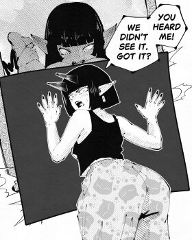 1girl absurdres animal_print bob_cut cat_print censored commentary embarrassed english_commentary english_text from_behind goblin greyscale hatching_(texture) highres horns linear_hatching looking_at_viewer looking_back miregeist monochrome open_mouth original paid_reward_available pants pointy_ears print_pants short_hair solo_focus speech_bubble talking tank_top
