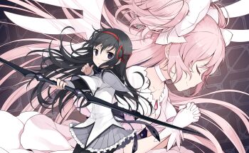 2girls absurdly_long_hair akemi_homura argyle_background argyle_clothes argyle_pantyhose artist_request back_bow black_background black_capelet black_hair black_pantyhose bow bow_(weapon) capelet choker cleavage_cutout closed_eyes closed_mouth clothing_cutout collarbone collared_capelet cowboy_shot determined diamond_cutout dot_nose dress energy_wings eyelashes fingernails floating_clothes floating_hair frilled_dress frilled_skirt frilled_sleeves frills game_cg gloves glowing grey_capelet grey_skirt hair_bow hair_ribbon hairband happy highres holding holding_bow_(weapon) holding_weapon interlocked_fingers kaname_madoka layered_sleeves light_frown long_dress long_hair long_sleeves magical_girl mahou_shoujo_madoka_magica mahou_shoujo_madoka_magica_magia_exedra miniskirt multiple_girls official_art own_hands_clasped own_hands_together pantyhose parted_lips pink_hair pleated_skirt pointy_nose purple_bow purple_eyes red_hairband red_ribbon ribbon short_dress short_sleeves sidelocks skirt sleeve_cuffs smile two-tone_capelet two_side_up ultimate_madoka v-shaped_eyebrows very_long_hair weapon white_bow white_choker white_dress white_gloves white_wings wings