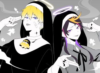 2boys :p bandaid bandaid_on_face black_bow black_bowtie black_dress black_hair black_nails blonde_hair blue_eyes bow bowtie briskadet_(sonny_brisko) cigarette coif colored_inner_hair commentary_request crossdressing crossdressing_(mtf) dress facial_mark finger_gun finger_gun_to_head forehead_mark grey_background grey_shirt halo holding holding_cigarette kamippoina_(vocaloid) limited_palette long_sleeves male_focus multicolored_hair multiple_boys nana72710193 nijisanji nijisanji_en pink_hair purple_eyes purple_hair shirt short_hair shu_yamino simple_background smoke sonny_brisko streaked_hair tongue tongue_out upper_body virtual_youtuber wimple yaminion_(shu_yamino)