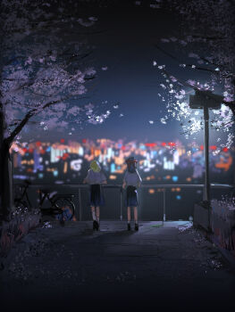 2girls babaiwan_fengchui black_shoes blonde_hair blue_skirt bow cherry_blossoms cityscape commentary contemporary cycle detached_sleeves facing_away from_behind hair_bow hakurei_reimu hashtag-only_commentary highres kirisame_marisa lamppost multiple_girls night outdoors red_bow school_uniform shirt shoes skirt sky socks touhou tree white_shirt white_socks