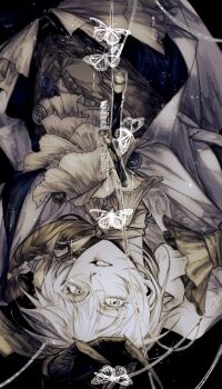 1other ascot black_background brown_hair bug butterfly clenched_teeth coat commentary_request gyujik_qzc hands_up highres insect korean_commentary long_braid looking_at_viewer medicine_pocket multicolored_hair official_alternate_costume reverse:1999 solo teeth two-tone_hair upper_body upside-down white_coat white_hair yellow_ascot yellow_eyes