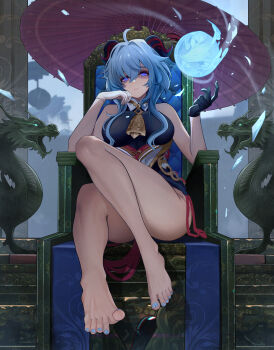 Rule 34 | 1girl, absurdres, ahoge, bell, blue eyes, blue hair, blue nails, cowbell, feet, foot focus, ganyu (genshin impact), genshin impact, gloves, goat horns, highres, horns, looking at viewer, nail polish, neck bell, nervi fd, solo, thick thighs, thighs, toenail polish, toenails, umbrella