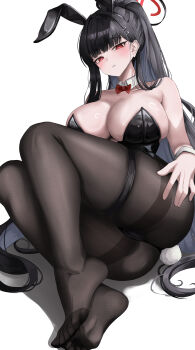 1girl absurdres animal_ear_hairband animal_ears ass black_hair black_pantyhose blue_archive bow bowtie breasts cameltoe collarbone detached_collar fake_animal_ears hair_ornament hairband high_ponytail highres large_breasts no_shoes pantyhose parted_lips ponytail rabbit_ear_hairband rabbit_ears rabbit_tail red_bow red_bowtie red_eyes rio_(blue_archive) simple_background sitting small_chair_(xiaosaiyi33818) solo tail thigh_strap white_background wrist_cuffs