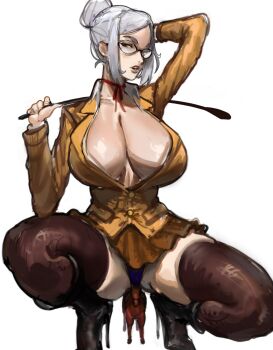 Rule 34 | 1girl, arm behind head, boots, breasts, brown eyes, choker, cleavage, glasses, grey hair, hair bun, high heel boots, high heels, highres, holding, holding riding crop, horse, huge breasts, looking at viewer, miniskirt, nero (neroartbox), open clothes, over shoulder, panties, prison school, riding crop, school uniform, shiraki meiko, shirt, simple background, single hair bun, skirt, solo, squatting, thighhighs, underwear, weapon, weapon over shoulder, white background