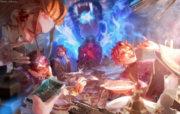 5boys :d ^_^ ace_trappola anger_vein animal black_hair black_robe black_shirt blue_eyes blue_fire blurry blurry_foreground book bottle bowl broken_phone brown_hair cake candle cater_diamond cellphone chair chocolate closed_eyes colorful cup depth_of_field deuce_spade dirty dirty_face drinking_glass eating fangs fire food food_on_clothes food_on_face food_on_hand fork glasses glowing green_hair grin hair_pulled_back hair_slicked_back hand_up highres holding holding_food holding_fork holding_phone holding_plate indoors knee_up laughing light_particles long_sleeves looking_at_another magic male_focus mau_sakura multicolored_hair multicolored_robe multiple_boys necktie on_table open_book open_mouth orange_eyes orange_hair outstretched_arm pants phone plate profile purple_robe red_eyes red_hair riddle_rosehearts robe sharp_teeth shirt short_hair sitting sleeves_rolled_up smile spiked_hair spoon standing streaked_hair table teeth tiger tray trey_clover turtleneck twisted_wonderland twitter_username two-tone_hair upper_body v-shaped_eyebrows white_pants wide_sleeves