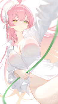 1girl absurdres ahoge artist_name bikini bikini_top_under_shirt bikini_under_clothes blue_archive blurry bottomless bow braid breasts buttons cleavage closed_mouth collarbone collared_shirt commentary crossed_bangs depth_of_field dutch_angle green_eyes hair_between_eyes hair_bow hair_intakes halo hanako_(blue_archive) hanako_(swimsuit)_(blue_archive) highres holding holding_hose hose huge_ahoge large_breasts long_hair looking_at_viewer nail_polish nyarnya official_alternate_costume partially_unbuttoned pink_bikini pink_hair pink_halo pink_nails see-through_clothes see-through_shirt shirt sidelocks simple_background single_braid solo swimsuit thighs very_long_hair wet wet_clothes wet_shirt white_background white_bow white_shirt