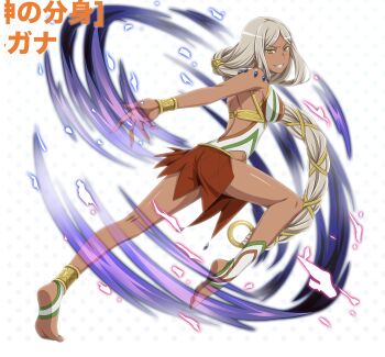 1girl amazon_warrior argana_kalif barefoot breasts dark_skin dungeon_ni_deai_wo_motomeru_no_wa_machigatteiru_darou_ka full_body highres long_hair official_art simple_background white_hair