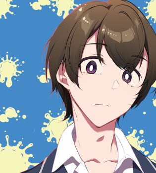 Rule 34 | 1boy, :/, brown hair, collar, highres, looking at viewer, oosuki masato, pochi (pochi-goya), portrait, purple eyes, short hair, solo, tagme, tsuujou kougeki ga zentai kougeki de ni-kai kougeki no okaasan wa suki desu ka?