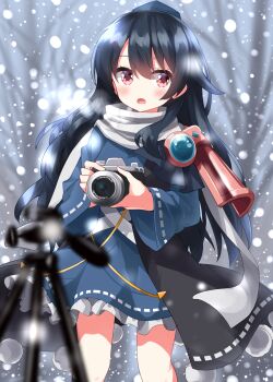 1girl :o armor blue_dress blue_hair camera coat commentary_request dress frilled_dress frills gem hat highres holding holding_camera holding_tripod iizunamaru_megumu long_hair open_mouth outdoors pauldrons pom_pom_(clothes) red_eyes ribbon_trim ruu_(tksymkw) shoulder_armor shoulder_guard single_pauldron sleeveless sleeveless_coat snowing solo tokin_hat touhou tripod
