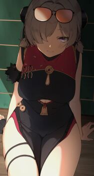 1girl black_dress black_gloves breasts china_dress chinese_clothes cleavage_cutout clothing_cutout commentary cowboy_shot dress english_commentary eyewear_on_head fingerless_gloves gloves hair_ornament hair_over_one_eye highres linea_alba looking_at_viewer pelvic_curtain purple_eyes short_twintails single_fingerless_glove sitting skindentation solo sunglasses surato_surato sweety_(zenless_zone_zero) thigh_strap tinted_eyewear twintails underboob_cutout yellow-tinted_eyewear zenless_zone_zero