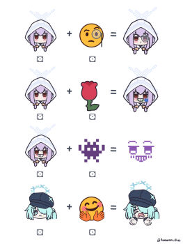 >_< 2girls alien_monster_emoji atsuko's_grin_(meme) atsuko_(blue_archive) black_hat blue_archive blue_eyes blue_hair blue_halo blush bow brown_bow newsboy_cap closed_mouth commentary cropped_head crying dice emoji emoji_kitchen_(meme) english_commentary flower flower_in_mouth hair_bow hair_over_one_eye halo hands_up hat highres hiyori_(blue_archive) hood hood_up long_hair meme monocle mouth_hold multiple_girls multiple_views open_mouth pixel_art purple_hair raised_eyebrow red_eyes red_flower red_tulip round_eyewear sanmon_illus side_ponytail simple_background tulip twintails twitter_username white_background white_hood