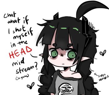 1girl 2024 ahoge black_hair braid bug clavicles closed_mouth elfinpsyop elfinpsyop_(artist) english_text flat_chest floating_eyebrows fly green_eyes headshot horns in_minecraft_(meme) indie_virtual_youtuber insect loli long_hair looking_to_the_side loose_clothes loose_shirt mechanical_horns messy_hair no_nose self-portrait serious shirt solo suicide tired_eyes trollface twin_braids virtual_youtuber white_background