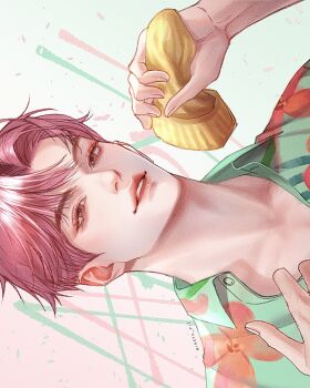 1boy abby_(kpop_demon_hunters) aegyo_sal beanie collarbone collared_shirt hat hawaiian_shirt highres holding holding_unworn_clothes holding_unworn_hat insya_pic kpop_demon_hunters looking_at_viewer male_focus nose parted_bangs parted_lips pink_eyes pink_hair portrait shirt short_hair sideways simple_background solo teeth unworn_hat unworn_headwear yellow_hat