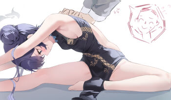 1girl absurdres assisted_stretching back_cutout black_dress black_hair blue_archive blush braid braided_bun breasts china_dress chinese_clothes clothing_cutout cropped_arms doodle_sensei_(blue_archive) double_bun dragon_print dress foot_out_of_frame grey_eyes grey_halo hair_bun hair_flowing_over halo highres kisaki_(blue_archive) long_hair pelvic_curtain print_dress ryu_o sensei_(blue_archive) sideboob simple_background small_breasts stretching sweatdrop twintails white_background