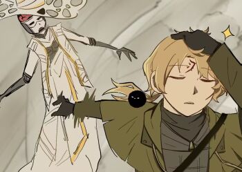 2boys a_certain_sinclair_(project_moon) bird black_bird black_gloves blonde_hair callisto_(project_moon) closed_eyes closed_mouth coat gloves green_coat hand_up hat jewelry limbus_company male_focus meme mubzhmngdedngp1 multiple_boys naoya_hitting_choso_without_looking_(meme) necklace open_mouth parody project_moon prosthesis prosthetic_arm short_hair sinclair_(project_moon) white_hat