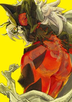 1girl armor ass ass_focus bone breasts cape closed_mouth domino_mask eye_mask fire_emblem fire_emblem_heroes from_below grey_hair highres horned_mask horns irakusa_(norogenjou) long_hair mask medium_breasts nintendo red_eyes see-through_body shoulder_armor simple_background skeleton solo thighs thrasir_(fire_emblem) yellow_background